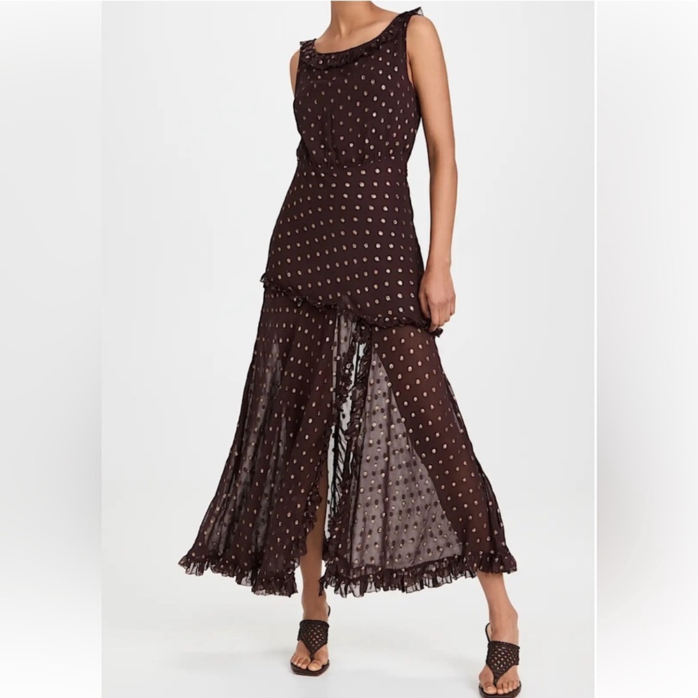 RIXO Barrette Chocolate Brown Polka Dot Midi Dress Small